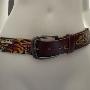 Ed Hardy Leather Tiger and Skull Belt Width.40”